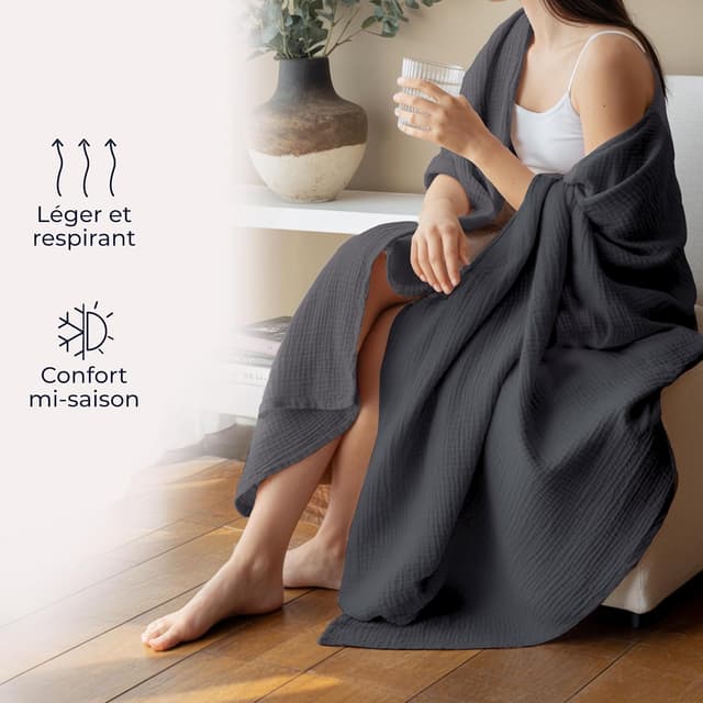 Detalle de Dreamzie Couverture en mousseline 150x200 cm en coton Oeko-Tex anthracite