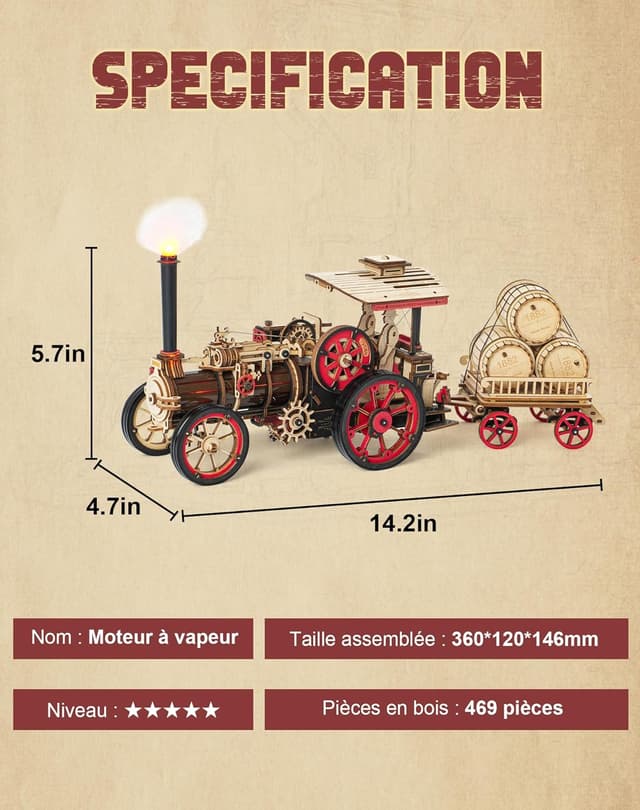 Detalle de Robotime Puzzle 3D en bois « Moteur à vapeur » (maquette adulte) – kit de construction à engrenages