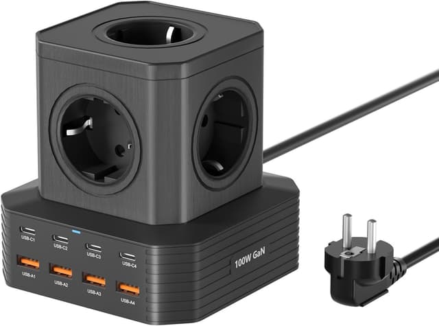 Detalle de TOPREK 100W Multiprise USB Cube 13 en 1 avec 8 ports USB et 5 prises AC, câble 2 m