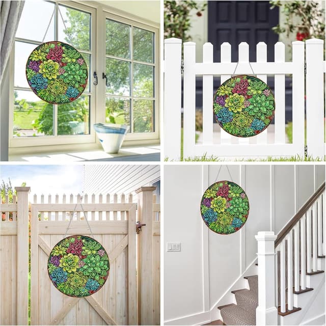 Detalle de Reofrey Diamond Painting Doppelseitiger Anhänger Acrylbrett mit Kette (20x20 cm) – DIY Kristall-Malerei für Fenster, Wand & Garten