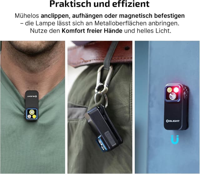 Detalle de Olight Oclip Pro Mini LED Taschenlampe mit Flutlicht, fokussiertem Licht und Rotlicht (500 lm, USB-C, IPX6)