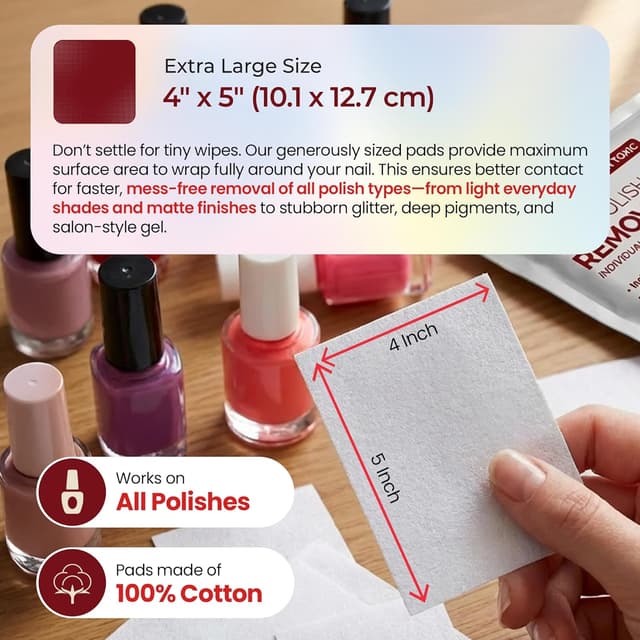 Detalle de Nail Polish Remover Pads (Non-Acetone, Rose Oil) 100-Pack Bulk Set, Individually Wrapped Wipes