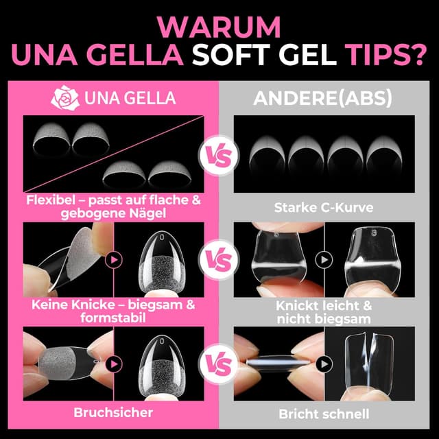 Thumbnail 6 de UNA GELLA kurze Mandel Nageltips für Gelnägel – 216 Stück in 12 Größen (Soft Gel, Press-on Full Cover)