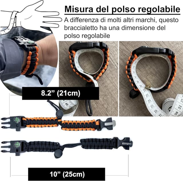 Detalle de Braccialetto Sopravvivenza in Paracord (coppia) con accendifuoco, fischietto e bussola – Kit di emergenza nero e arancione