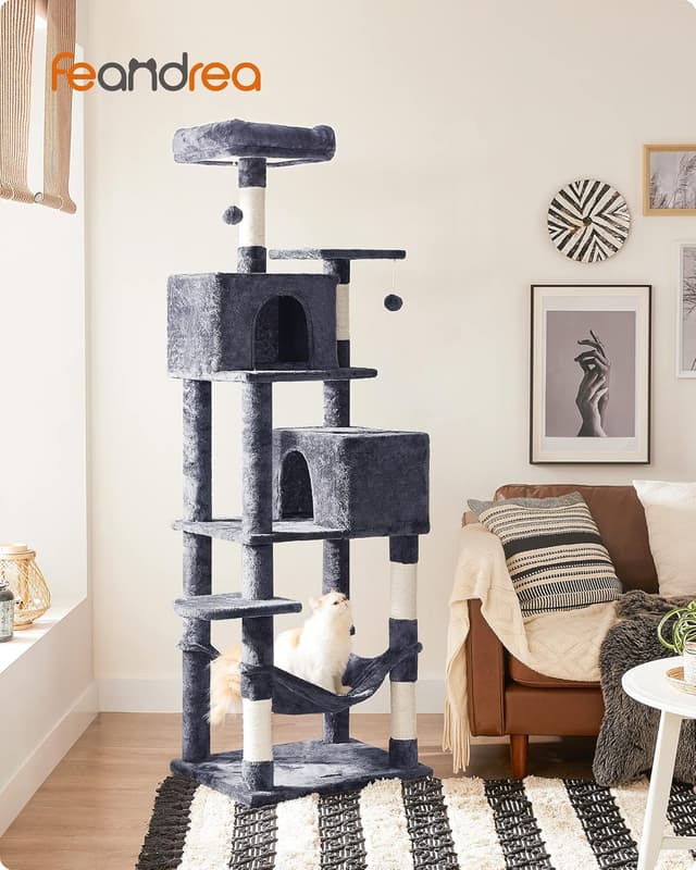 Detalle de Feandrea Arbre à chat 191 cm PCT191G01 : tour de jeux gris foncé avec hamac et 5 poteaux à griffer