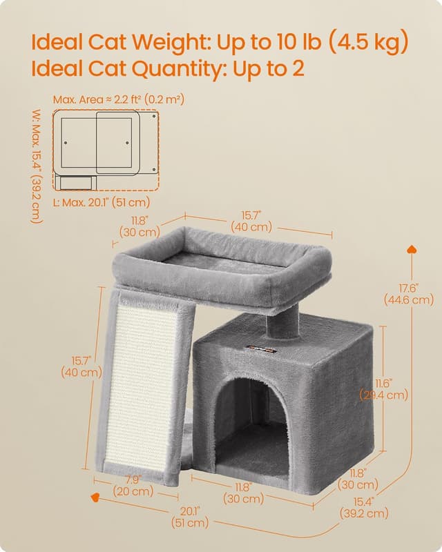 Detalle de Feandrea Small Cat Tree (PCT010GD01) – compact cat tower with scratch ramp, cave condo & top perch