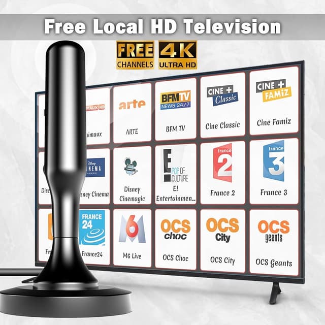 Detalle de Antenne TV intérieure puissante pour TNT (DVB-T2) – câble 2,5 m, base magnétique, compatible 4K/1080p