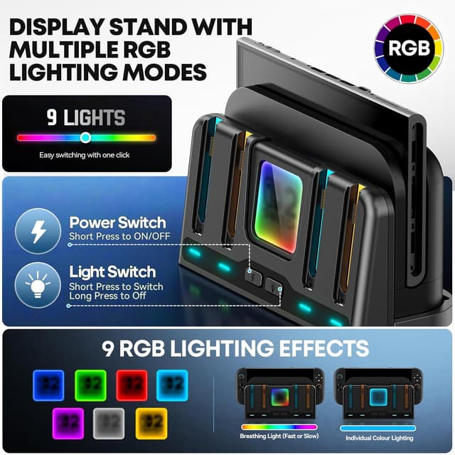 Detalle 2 de Tokluck Joy-Con and Switch Controller Charging Dock with 9 RGB Light Modes