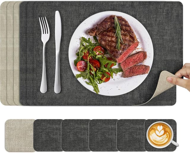 Detalle de KitchenBoss Set de table lavable double face avec dessous de verre antidérapants et résistants à la chaleur (6 sets) 43 x 30 cm