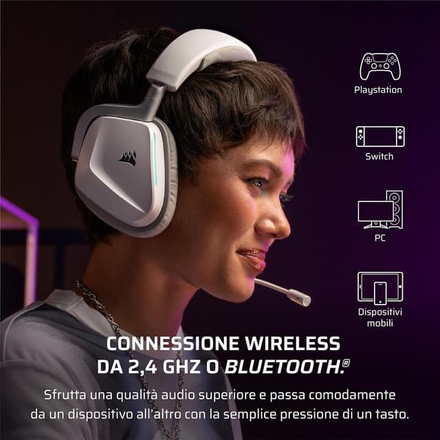 Detalle 2 de Corsair VOID v2 Cuffie da Gioco Wireless con Bluetooth, Dolby Atmos e fino a 70 ore (Bianco)