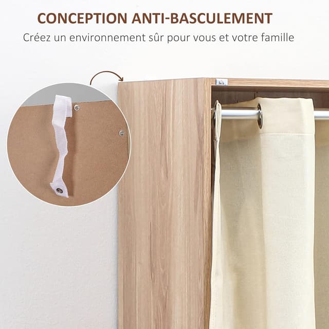 Detalle de HOMCOM Armoire penderie avec rideau gris, 3 compartiments et 3 tiroirs en tissu