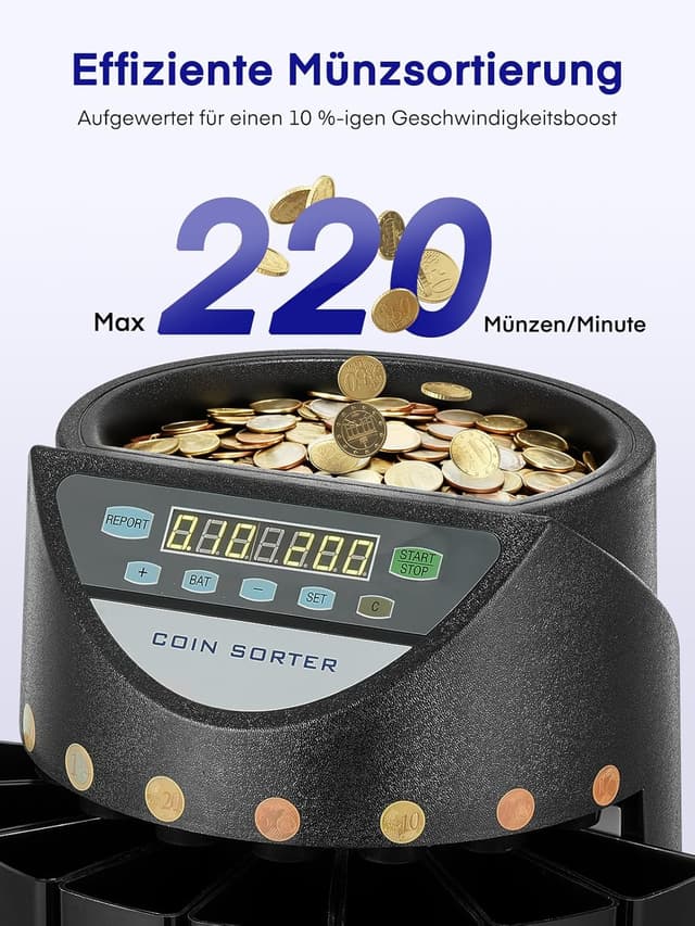 Detalle de Münzzähler Euro Sortierer (Münzen Zählmaschine) mit 8 Auffangboxen, 7‑stelliger LED-Anzeige – 800 Münzen Kapazität, schwarz