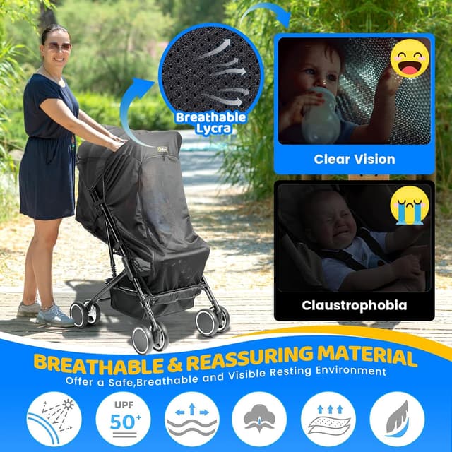 Detalle 2 de Orzbow Universal Pram Sun Shade with Zip Window (UPF 50+, blocks 99% UV) – Black