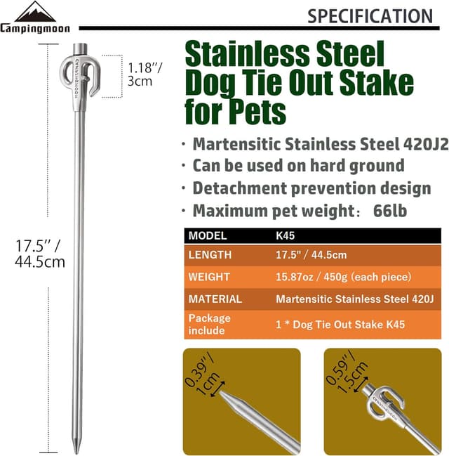 Detalle de camping moon CAMPINGMOON 17-inch K45 360° Swivel Dog Tie Out Stake in 420J2 Stainless Steel