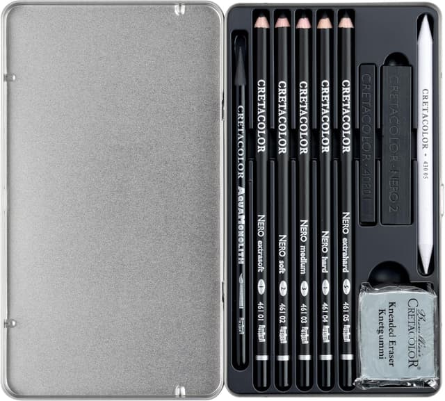 Detalle de Cretacolor Deep Black – Set de dessin noir profond (10 pièces) avec gomme et essuie-papier