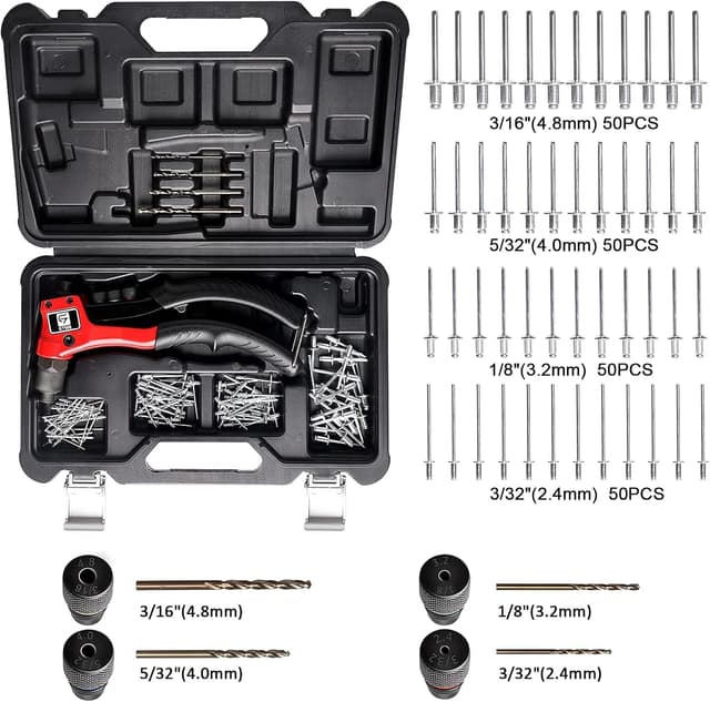 Detalle de GIANTISAN Pop Rivet Tool Kit Rivet Gun with 200 Aluminum Rivets and 4 Drill Bits
