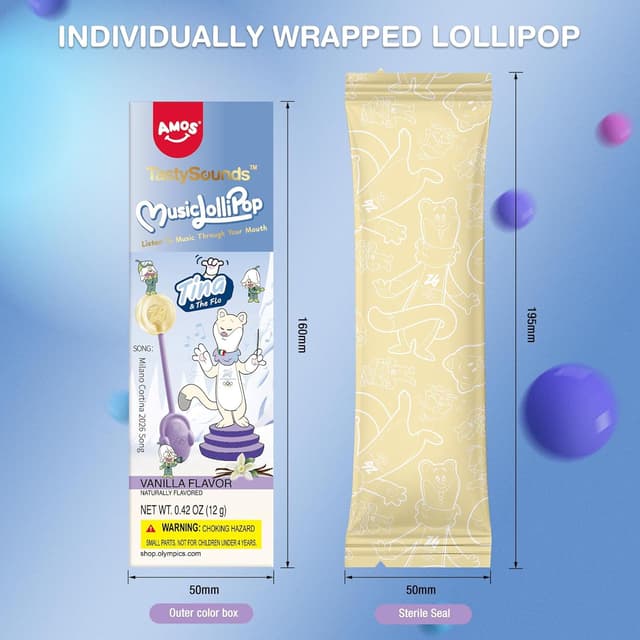 Detalle de AMOS Lutscher Audio Lollipop „Sing-Lutscher“ mit Musik, Vanille – zuckerfrei, glutenfrei, 1 Stück