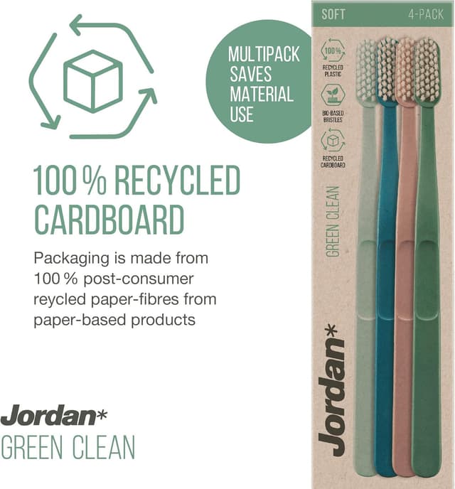 Detalle de Jordan Green Clean Manual Toothbrush (Recycled Handle, Soft Bristles) — 4-Pack