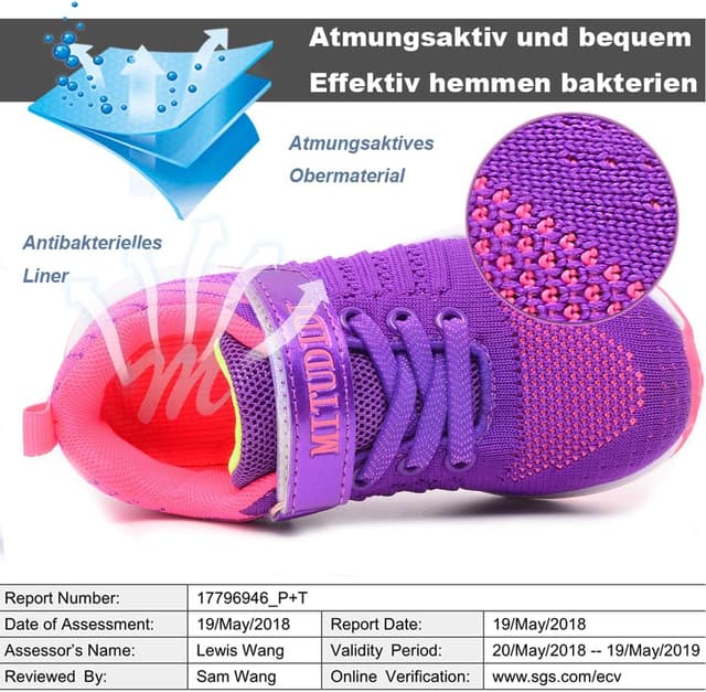 Detalle de Mitudidi Kinder-Sneaker in Lila (EU 31) – leichte, atmungsaktive Sportschuhe für Schule, Halle & draußen