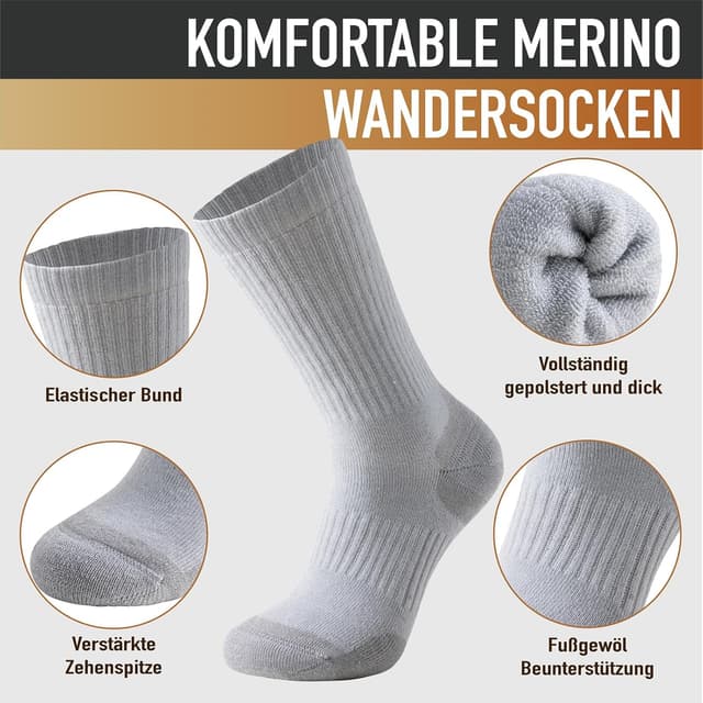 Detalle de Niorasen Merino Wandersocken für Herren & Damen (3 Paar) – Outdoor-Thermosocken mit Merinowolle