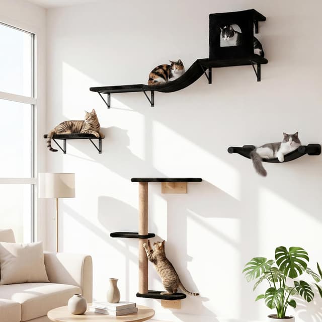Detalle de Kletterwand Katzen Set 4-in-1 (Hängematte, Katzenhaus, Katzenbrücke, Sisal-Kratzsäulen) – wandmontiert