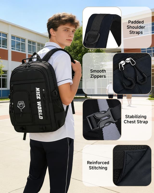 Detalle de Amythe zaino impermeabile leggero per ragazzi 10–22 anni con scomparto per laptop 15.6" (29L) – Nero