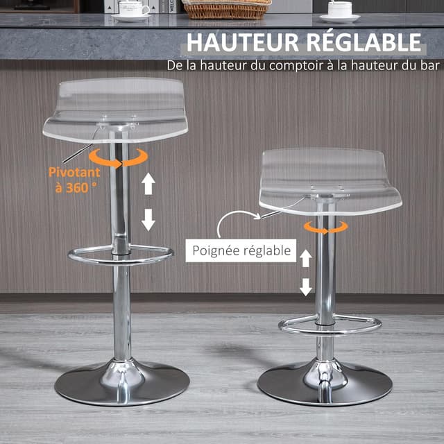 Detalle de HOMCOM Lot de 2 tabourets de bar design transparents, assise acrylique pivotante 360° et hauteur réglable