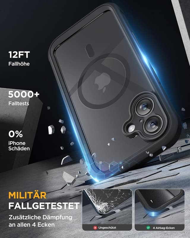 Detalle de Miracase 360° Schutzhülle für iPhone 17 mit MagSafe und integriertem 9H-Glas-Displayschutz (Schwarz, 6,3 Zoll)