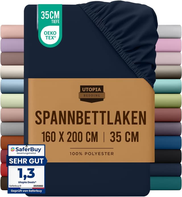 Detalle de Utopia Bedding Spannbettlaken 160 x 200 cm in Marineblau – 35 cm Tiefe Tasche, Oeko-Tex zertifizierte Microfaser-Mikrofaser