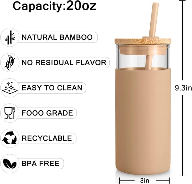 Detalle de Tronco 20 oz Glass Tumbler with Lid and Straw (Bamboo Lid + Silicone Sleeve) — BPA-Free