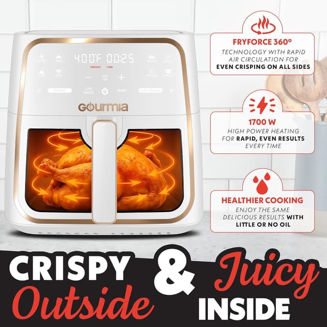 Detalle 2 de Gourmia 8 Qt Air Fryer with 8 Presets, Digital Display & FryForce 360° Technology (White)