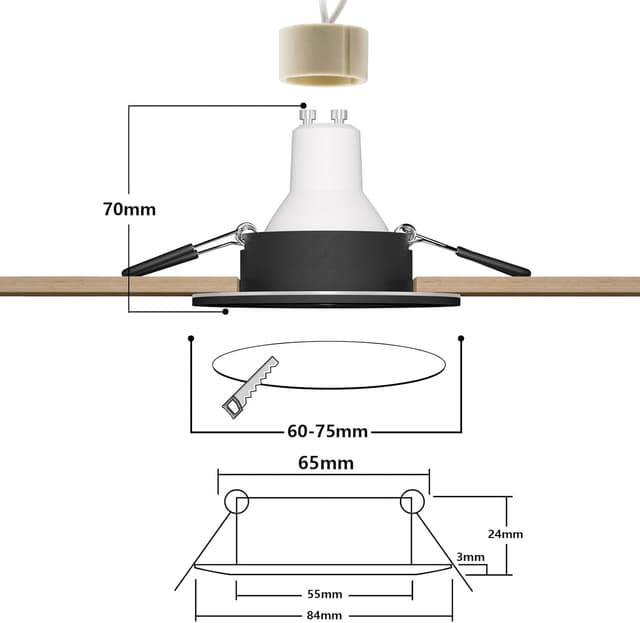 Detalle de Doughelec 10er Einbaustrahler GU10 Rahmen IP44 (Aluminium, schwarz) inkl. GU10 Fassung – rund, flach