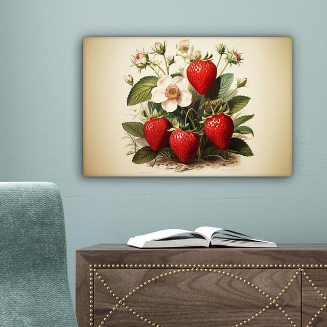 Thumbnail 6 de MuchoWow© Impression sur toile déco murale 30x20 cm – Fraises, plantes et fruits (beige)