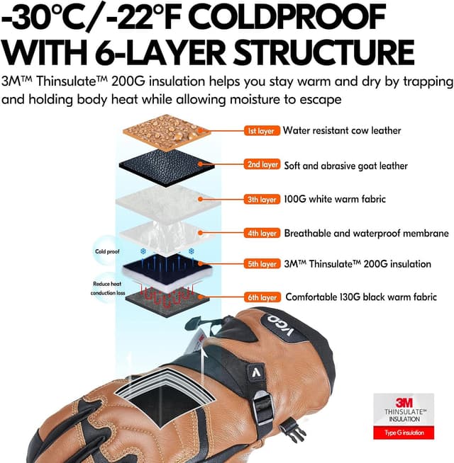 Thumbnail 2 de Vgo Gants de Ski doublés cuir chèvre imperméables 4℃