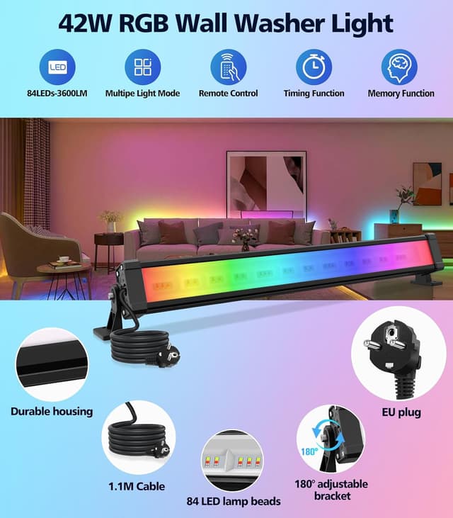 Detalle 2 de MEIKEE 42W RGB Strahler mit Fernbedienung (360° Wallwasher, 2er-Set) – 10 Farben, 30 Modi, Timer