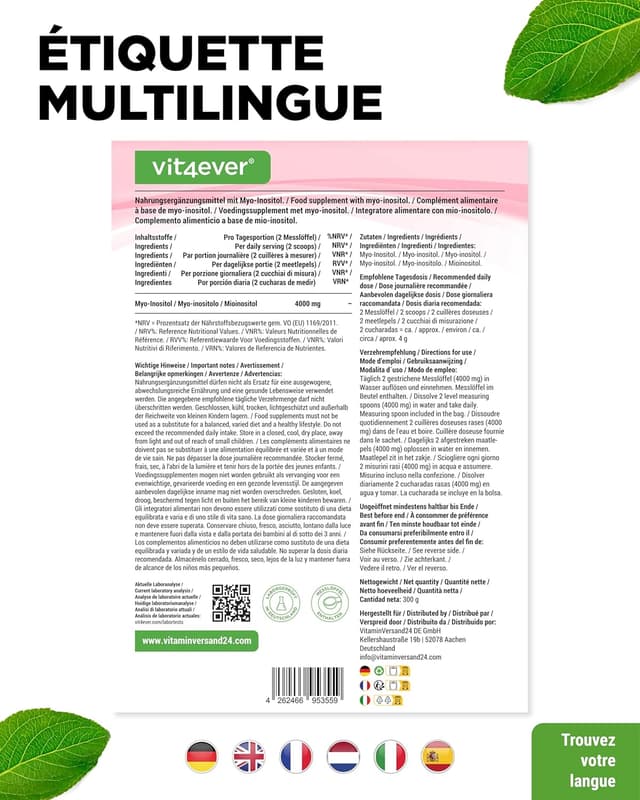 Detalle 2 de Inositol Pure 300 g (myo-inositol) en poudre — 4000 mg par dose journalière, goût neutre, cuillère doseuse