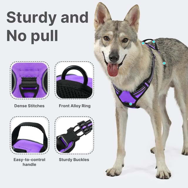 Detalle de Belababy reflective no-pull dog harness (Purple, Size S) with front clip and control handle