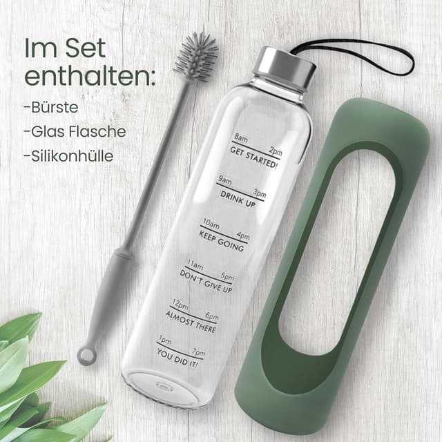 Detalle de Amalindo Trinkflasche Glas 1L (kohlensäuregeeignet) mit Bürste & Silikonhülle – Olivgrün