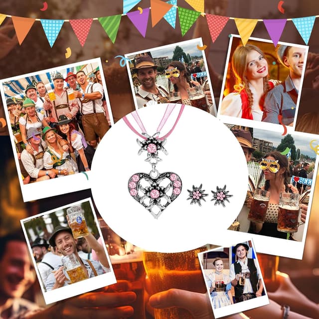 Thumbnail 6 de APMGONT 3-teiliges Bayerisch Dirndlschmuck-Set: Trachtenkette mit Edelweiß & Herz-Anhänger plus Ohrstecker