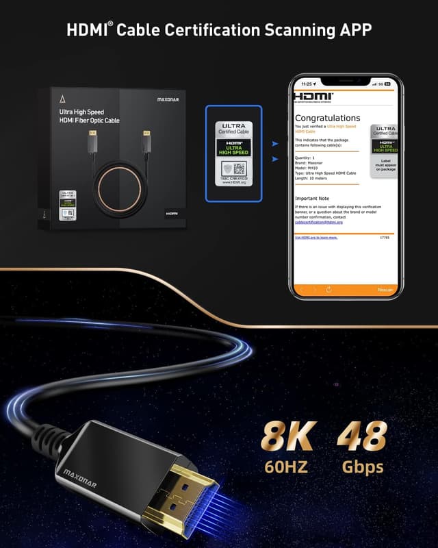 Detalle 2 de Maxonar 10K/8K HDMI-Glasfaserkabel 10 m (AOC), zertifiziertes Ultra High Speed HDMI®