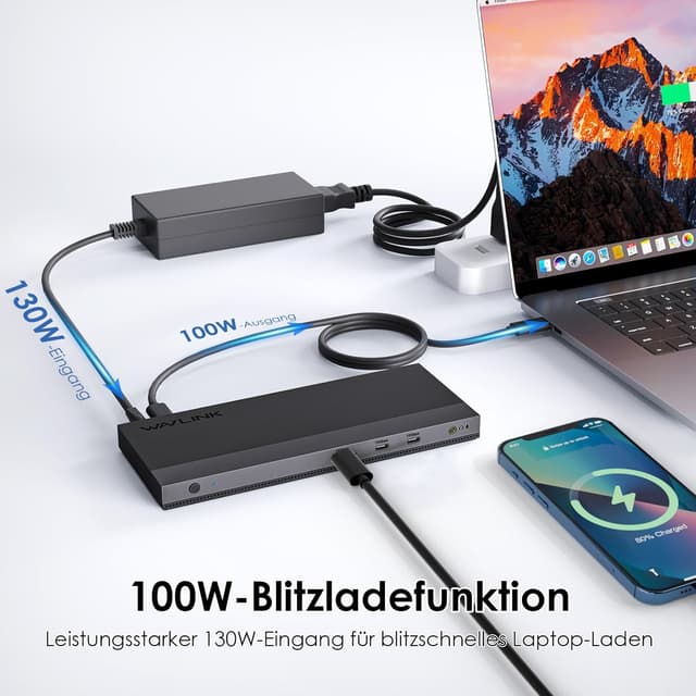 Thumbnail 6 de WAVLINK USB-C Docking Station für 3 Monitore mit 2× DP + HDMI, 4K bis 144 Hz und 130-W-PD-Ladegerät