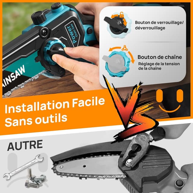 Detalle 1 de VIWKO Mini tronçonneuse sans fil 6 pouces 1000 W brushless, compatible Makita 18V (2 batteries 2000 mAh + 3 chaînes)