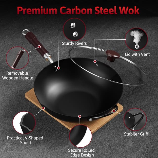 Thumbnail 5 de Jobin Wok de Acero al Carbono 32cm con Tapa y Asas de Madera