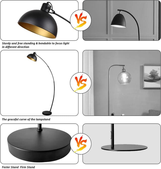 Detalle de Osasy Arc Stehlampe (schwarz-gold) mit verstellbarem Lampenschirm, 1x E27 bis 60 Watt, 165 cm