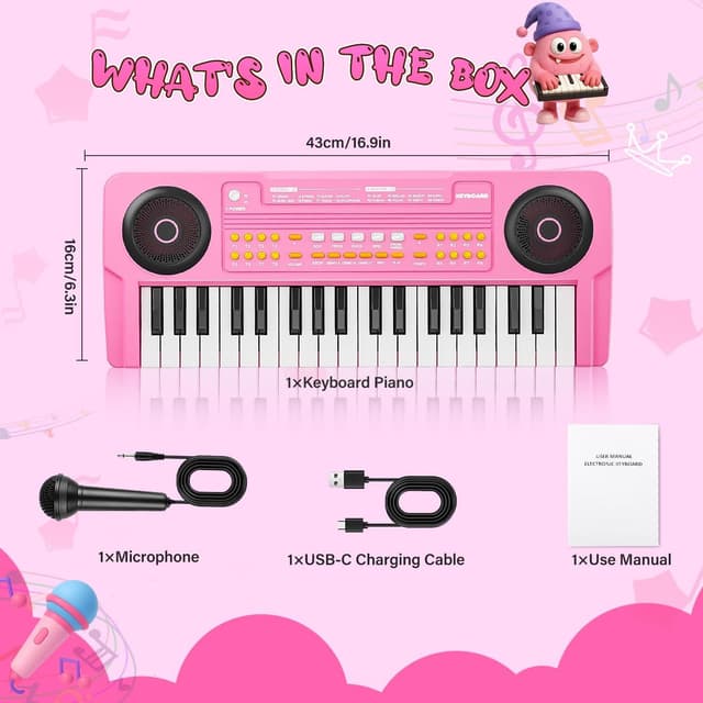 Detalle 2 de Upgraded Kids Piano Keyboard (37 Keys) with Mini Microphone, Pink
