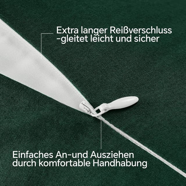 Detalle de BEDELITE Kissenbezug 40x80 cm aus Baumwolle, dunkelgrün – 2er-Set mit extra langem Reißverschluss