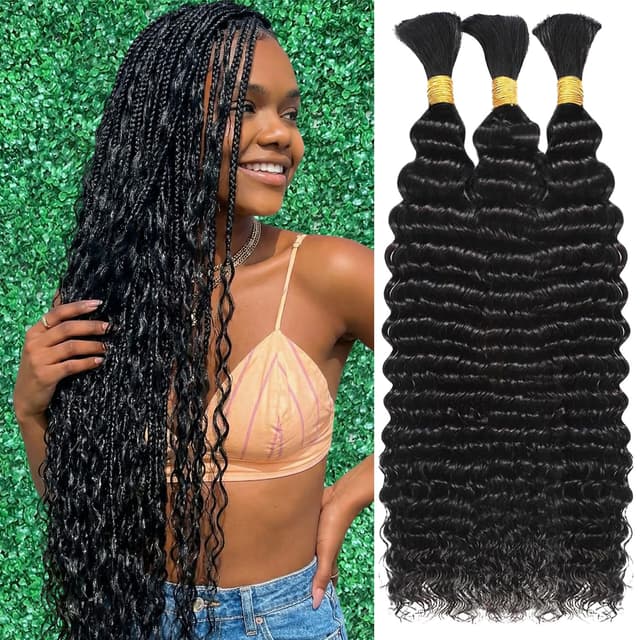 Detalle de Afihond Human Braiding Hair for Boho Braids (Deep Water Wave), 120g Bulk Human Hair, No Weft, 3 Bundles, 18 Inch
