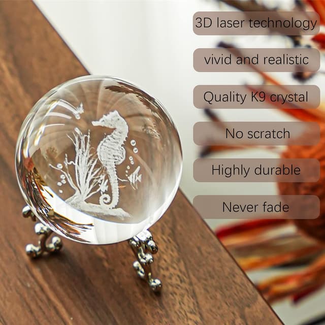Thumbnail 6 de 60mm 3D Seahorse Crystal Ball Figurine with Stand – glass laser-engraved paperweight ornament