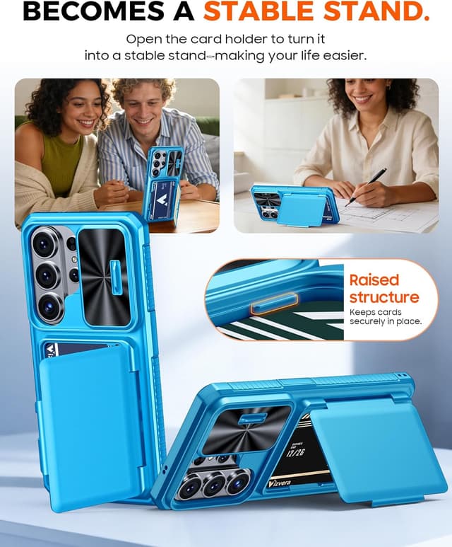 Detalle de Vizvera Galaxy S26 Ultra case with sliding camera cover, card wallet and RFID protection (Lake Blue)