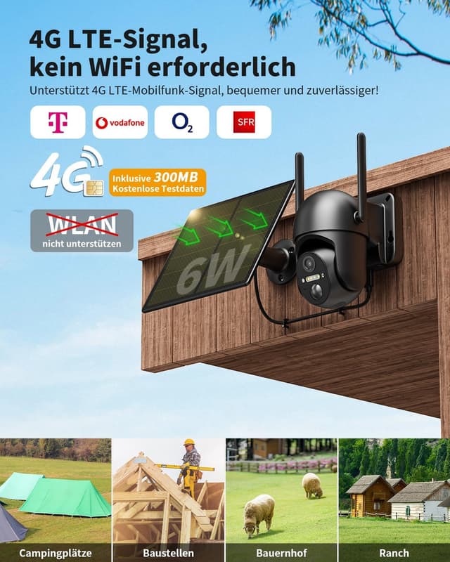 Detalle de NUASI 4G LTE Solar-Überwachungskamera für außen mit Akku, SIM-Karte & PIR (2K, ohne WLAN, PTZ)